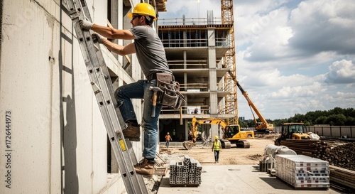A construction worker climbing a ladder on a construction site.