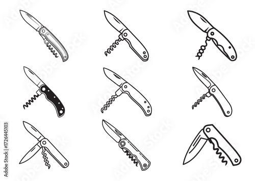 Folding knife with corkscrew line art vector, Folding knife with corkscrew Icon