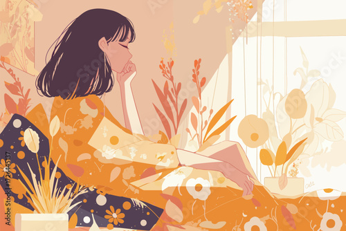 A woman in a bright floral kimono sits thoughtfully in a cozy room filled with plants and natural light, enjoying a tranquil moment by the window.