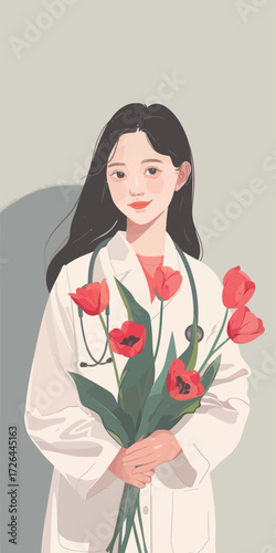 A young healthcare worker stands smiling while holding a bouquet of vibrant red flowers. The background is neutral, enhancing her friendly demeanor.