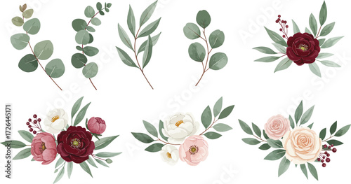 Watercolor eucalyptus leaves and floral arrangements perfect for wedding design on transparent background