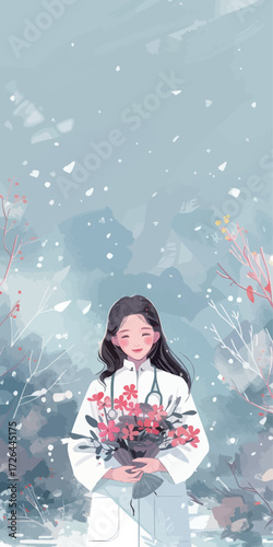 A woman stands in a serene winter scene, surrounded by softly falling snow. She holds a bouquet of vibrant flowers, bringing warmth to the chilly atmosphere.