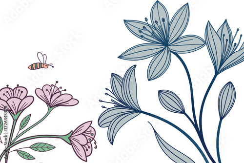 Minimalist floral artwork with pastel blossoms and a buzzing bee, elegant botanical vector.