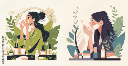 Two women practice their skincare routines surrounded by plants. One applies product in front of a mirror, while the other explores various skincare bottles.