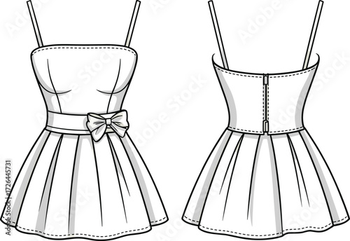 Sleeveless dress fashion sketch, spaghetti straps, pleated skirt design, fitted bodice, decorative bow detail, technical garment drawing, front and back view, apparel illustration