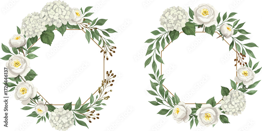 Fototapeta premium Two delicate floral wreaths with white roses and hydrangeas on transparent background