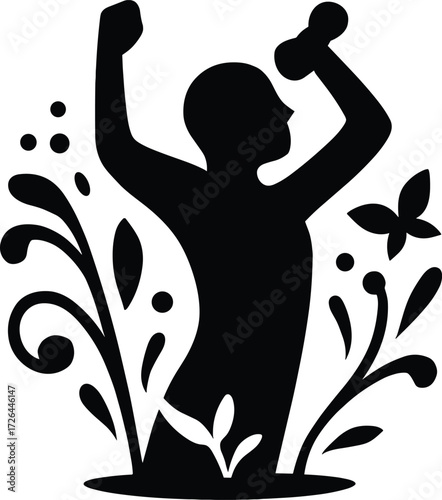 Silhouette fitness illustration, person with dumbbell, triumphant pose, nature elements, floral energy, black and white vector, strength and vitality concept, wellness themed artwork
