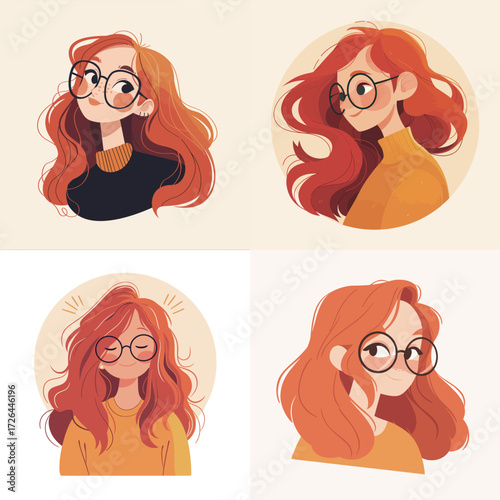 This artwork features four distinct portraits of a woman with vibrant red hair and glasses. Each illustration highlights her charming expressions and unique style.