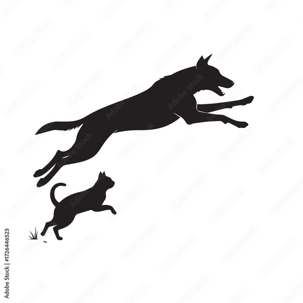 Naklejka premium Dog and Cat Chasing Silhouette – Playful Pet Vector, Black Animal Silhouette on White Background