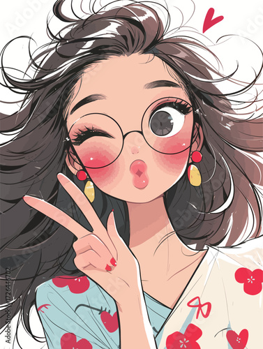 A young woman with long dark hair playfully pouts her lips while making a peace sign. She wears stylish round glasses, colorful earrings, and a bright top.