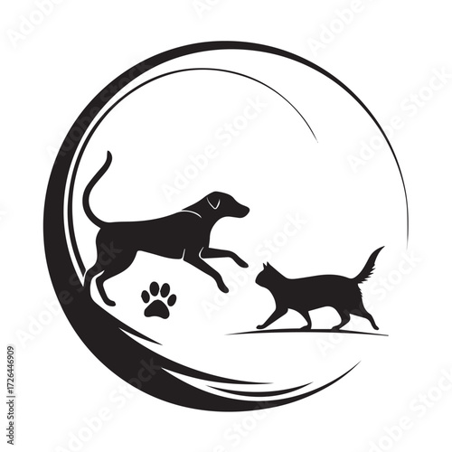 Dog and Cat Chasing Silhouette – Playful Pet Vector, Black Animal Silhouette on White Background