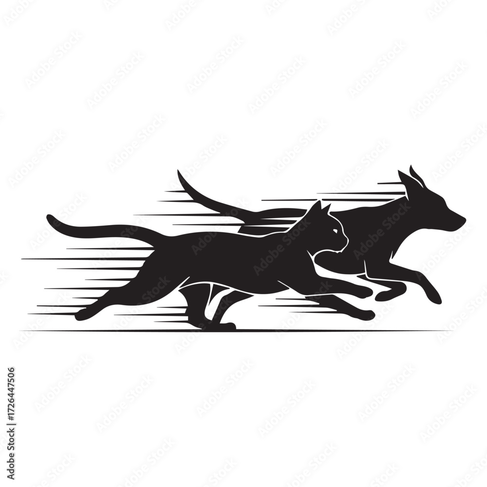 Fototapeta premium Dog and Cat Chasing Silhouette – Playful Pet Vector, Black Animal Silhouette on White Background