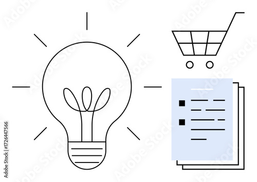 Light bulb with sprouting leaves, shopping cart, and documents. Ideal for e-commerce, planning, sustainability, creativity, innovation shopping marketing strategies. Simple flat metaphor