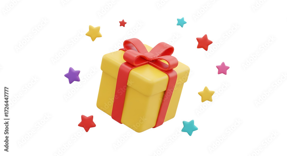 Obraz premium Yellow Gift Box with Red Ribbon and Colorful Stars