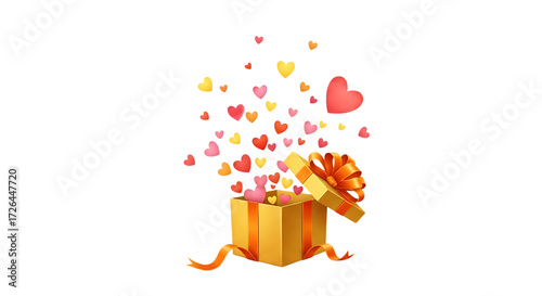 Yellow Gift Box with Hearts Exploding on Black Background