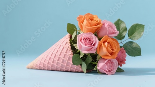 Pink waffle cone filled with orange and pink roses against a light blue background