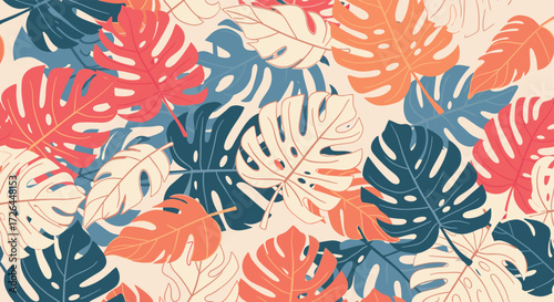 A tropical montage of monstera leaves in vibrant coral blue and cream tones.