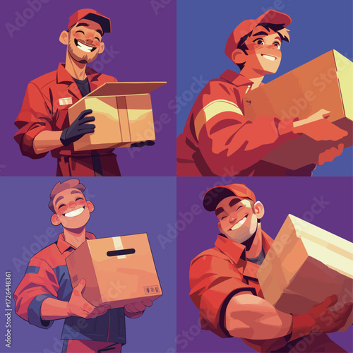 Four cheerful delivery workers pose with boxes. Each character wears a uniform, showing a friendly attitude. The vibrant background adds to the positive energy of the scene.