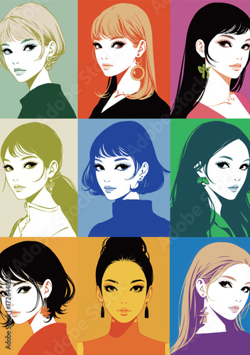 Nine unique illustrations show women with different hairstyles and colors set against vibrant backgrounds.