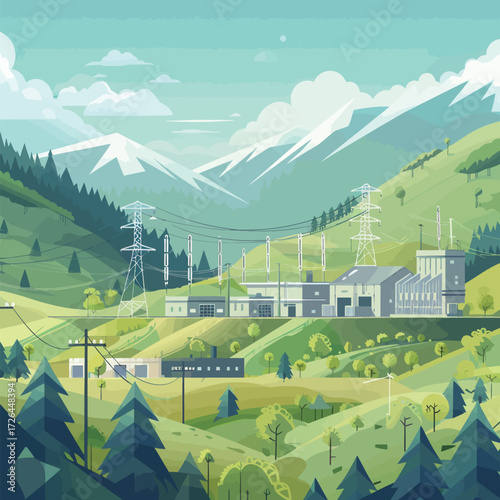 Scene captures a power station nestled in a valley with rolling green hills and mountains in the background. Surrounding trees and a clear sky enhance the tranquility of the area.