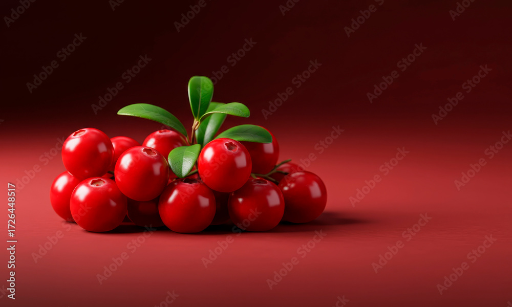 Obraz premium Close-up of fresh juicy cranberries with foliage on a dark red isolated background