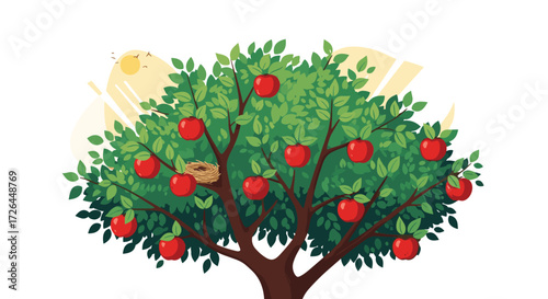 A lush apple tree heavy with ripe red fruit stands tall in the bright sunshine.