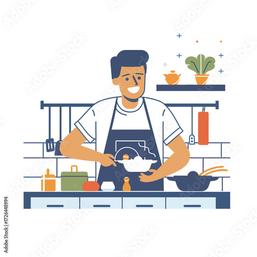 A man enjoys cooking in a spacious kitchen. He stirs ingredients in a bowl with a smile, surrounded by fresh herbs and cooking tools.