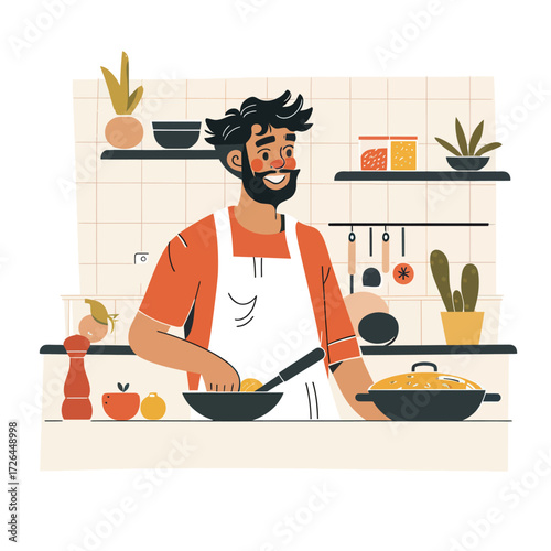 A man enjoys cooking in a sunny kitchen filled with plants and colorful ingredients. He smiles as he stirs a pot on the stove, creating a warm atmosphere.