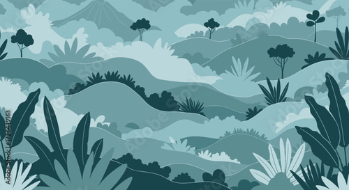 Vibrant green jungle landscape with rolling hills and lush vegetation in shades of emerald and jade.