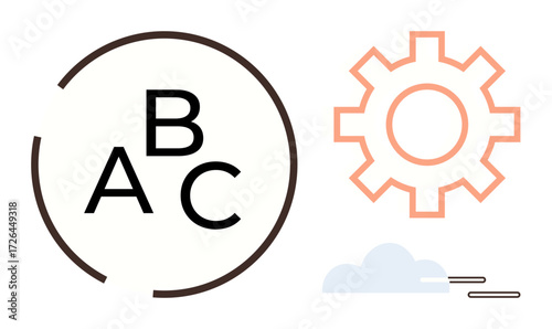 Alphabet letters A, B, C enclosed in a circle, adjacent to a gear and moving cloud. Ideal for education, training, workflow, innovation cloud technology teamwork and process simplification. Simple