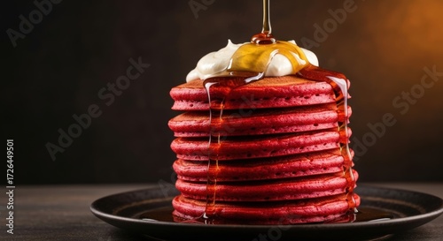 Stack of Red Velvet Pancakes with Butter and Maple Syrup on Black Plate