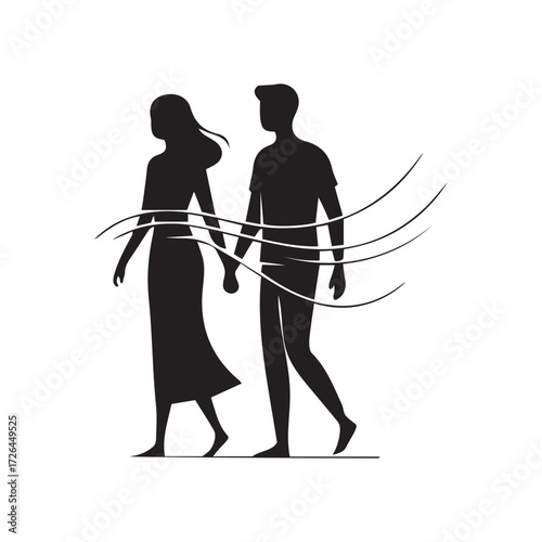 silhouette of a couple  Silhouette Couple in Harmony A minimalist silhouette captures a couple walking hand in hand, symbolizing love, companionship, and a shared journey   black silhouette vektor 