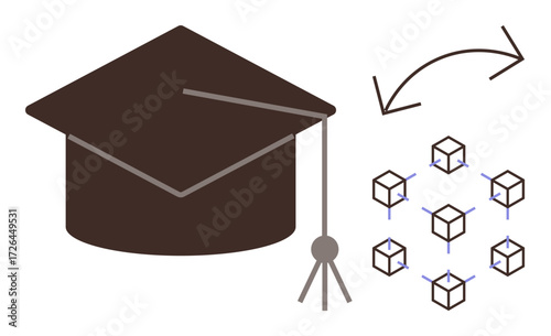 Graduation cap and arrows pointing to interconnected cubes representing blockchain or distributed networks. Ideal for education, technology, innovation, knowledge sharing, expertise, digital systems