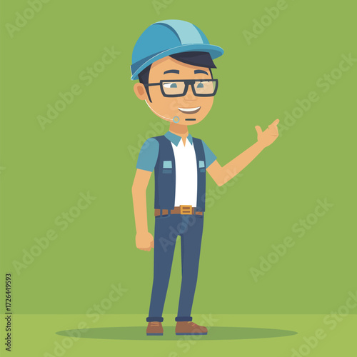 A construction worker character stands confidently with a smile, pointing to the side in a bright green background, promoting safety in the workplace to enhance awareness.