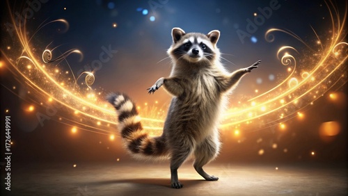 A whimsical raccoon performs a magical dance amidst swirling golden lights, a captivating spectacle of nature's charm and enchanting artistry.