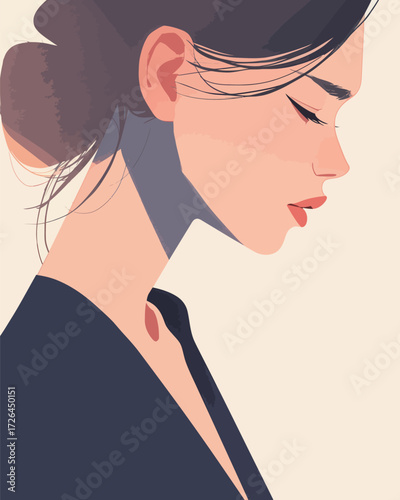 A serene woman is shown in profile with delicate features and an elegant hairstyle. Her subtle expression conveys calm and poise against a soft background.
