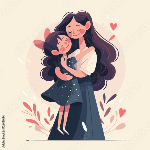 A caring mother holds her daughter close, both smiling happily. The background features soft colors, hearts, and stylized plants, creating a cheerful atmosphere.