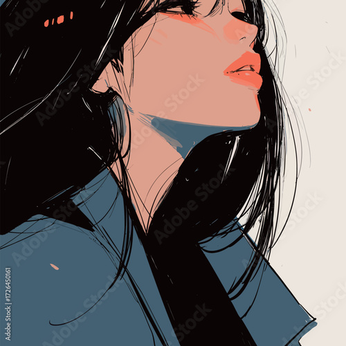A woman with flowing black hair wears a chic coat as she gazes upward, expressing a moment of reflection and serenity. The artwork captures her beauty and attitude.