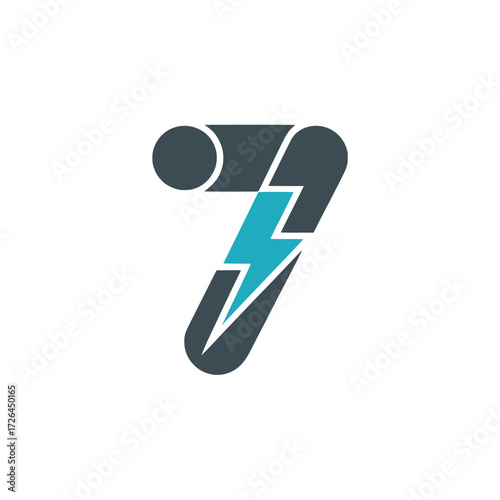 Number seven icon with blue lightning bolt, Bold number seven graphic integrated with a dynamic blue lightning bolt, representing energy, speed, power, and digital innovation.

