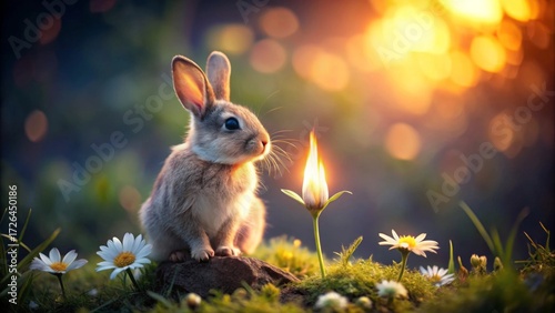 A curious bunny contemplates a glowing flower amidst a field of daisies at sunset