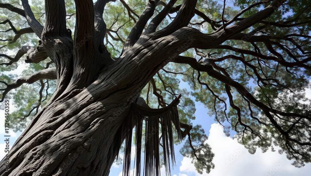 Fototapeta premium A low angle shot of a large tree with thick branches reaching up to the sky, creating a sense of awe