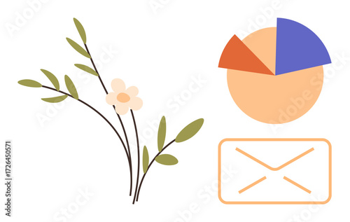 Delicate branch with leaves and flower paired with a bold pie chart and mail envelope, uniting nature and communication. Ideal for nature, data, email, connection, balance, simplicity, harmony