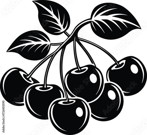 Artistic woodcut style illustration of a cluster of ripe cherries with leaves