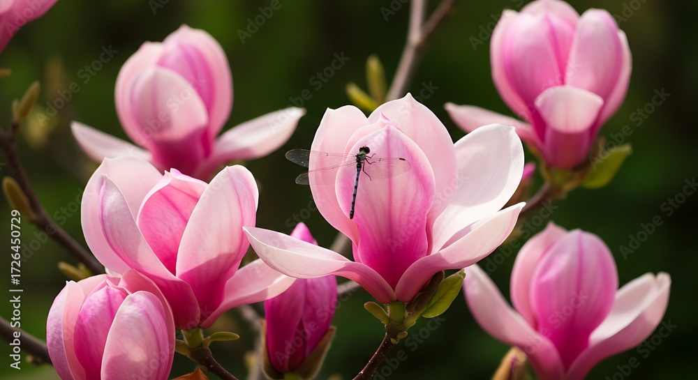 Fototapeta premium Pink magnolia blossoms with dragonfly