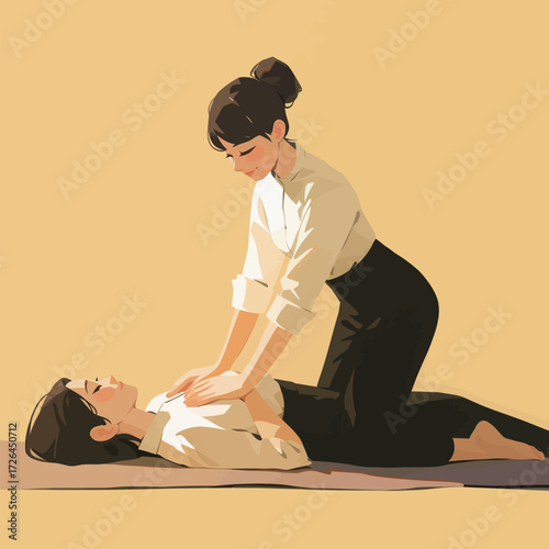Two women engage in a massage therapy session, with one providing treatment to the other on a mat. The warm yellow backdrop creates a soothing atmosphere for relaxation.