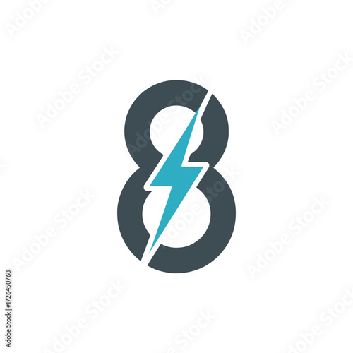 Number eight icon with electric lightning bolt, Modern number eight design with a striking blue lightning bolt, symbolizing energy, continuity, power, and technological innovation.

