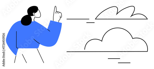 Woman raising finger, observing clouds in motion. Ideal for creativity, inspiration, exploration, goals, vision, learning decision-making. A simple flat metaphor
