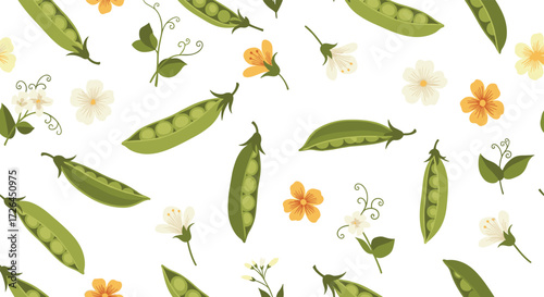 A charming seamless pattern featuring fresh green pea pods and delicate blossoms in soft springtime colors.