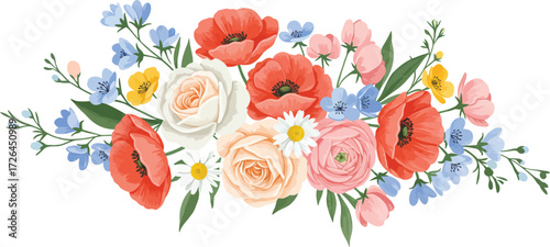 Watercolor floral arrangement featuring poppies roses and daisies on transparent background