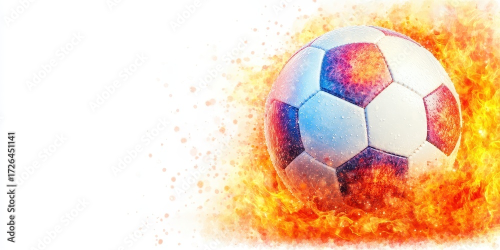 Naklejka premium Dynamic soccer football ball with fire flames. Power sport action with energy and heat. Dramatic explosion, artistic background, concept illustration, perfect for vibrant modern design.